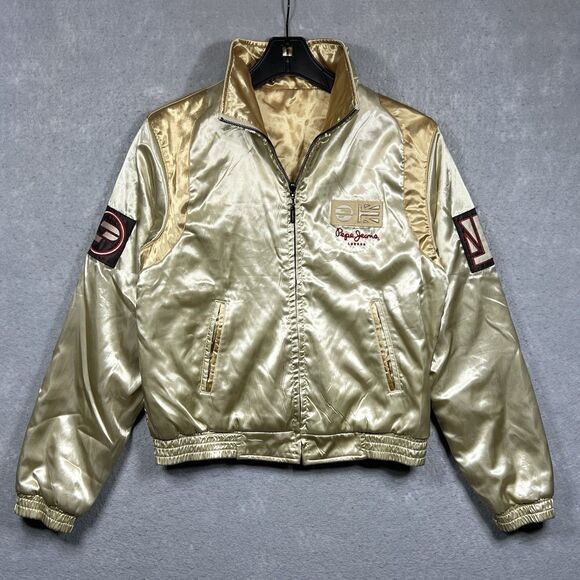VTG Pepe Jeans London Bomber Varsity Jacket Reversible Gold Satin Women’s LARGE - Picture 1 of 15
